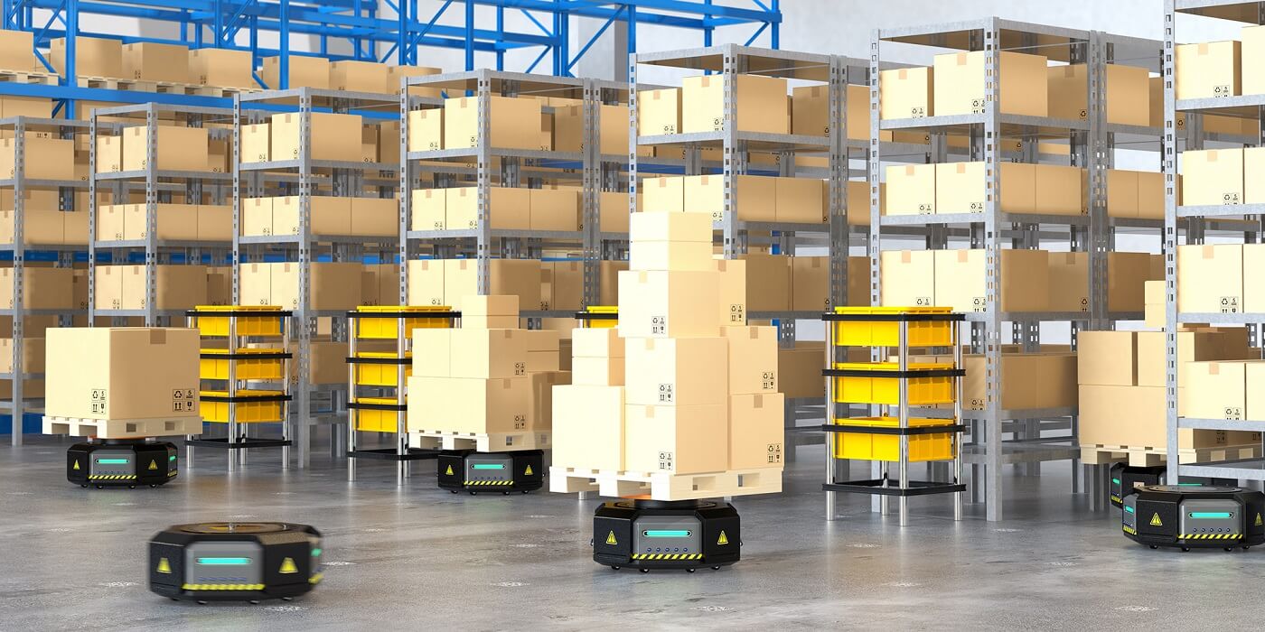 AGV utilizando códigos de barras en el suelo para posicionarse en un almacén grande