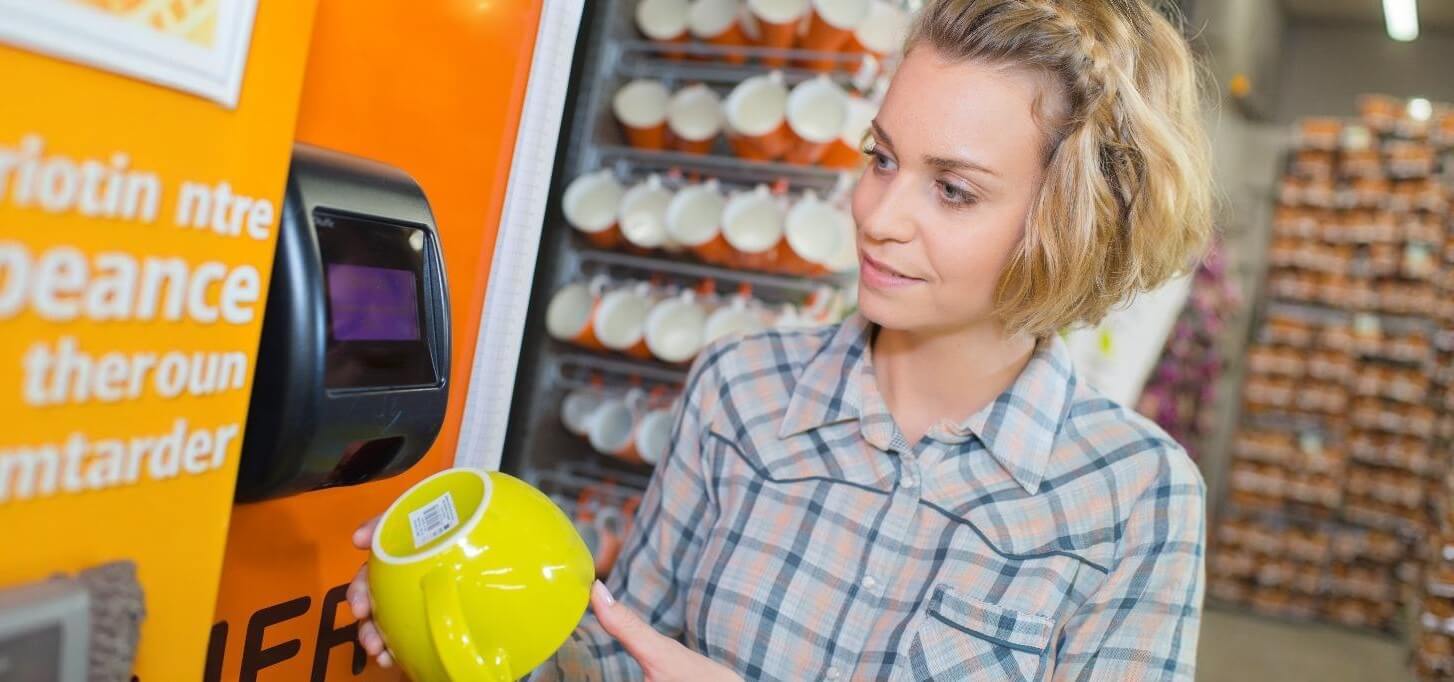 Cliente utilizando un verificador de precios para escanear el código de barras en la base de una taza